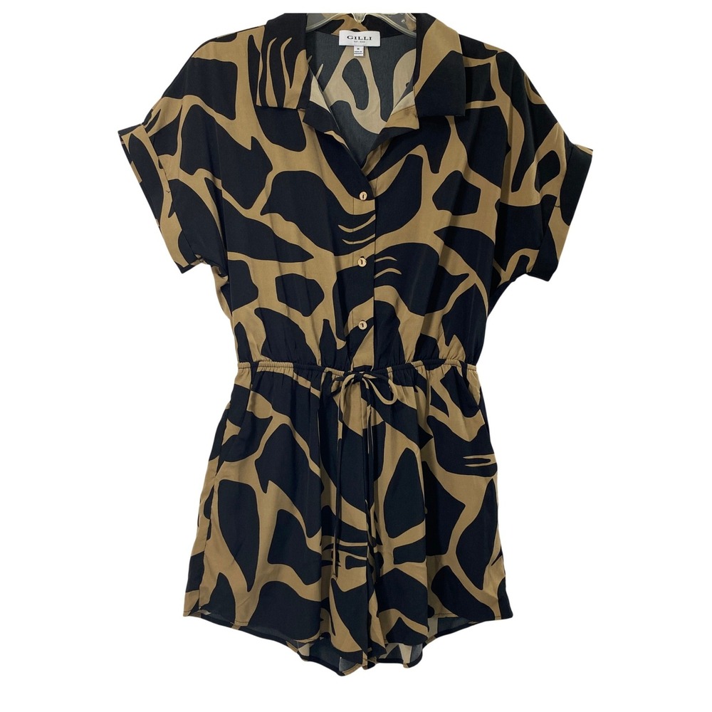 Gilli Romper Women‎ Medium Giraffe Print Button Up Short Sleeve Safari Jumpsuit